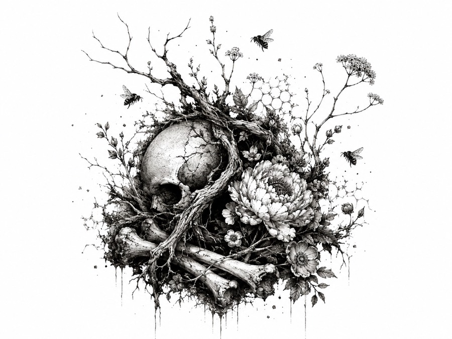 Ink illustration for Bone Orchard — a skull wound through with roots, flowers, bones and bees