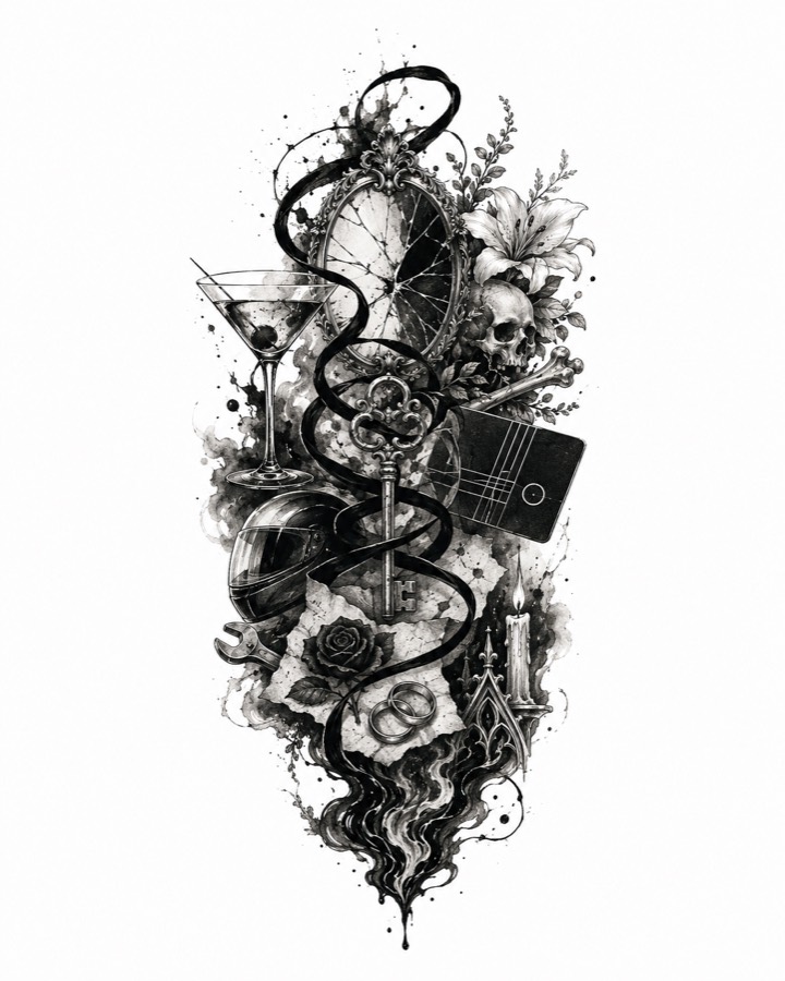 Ink illustration weaving a cracked mirror, a key, a martini glass, a motorcycle helmet, wedding rings, a rose, and a candle into one dark garland